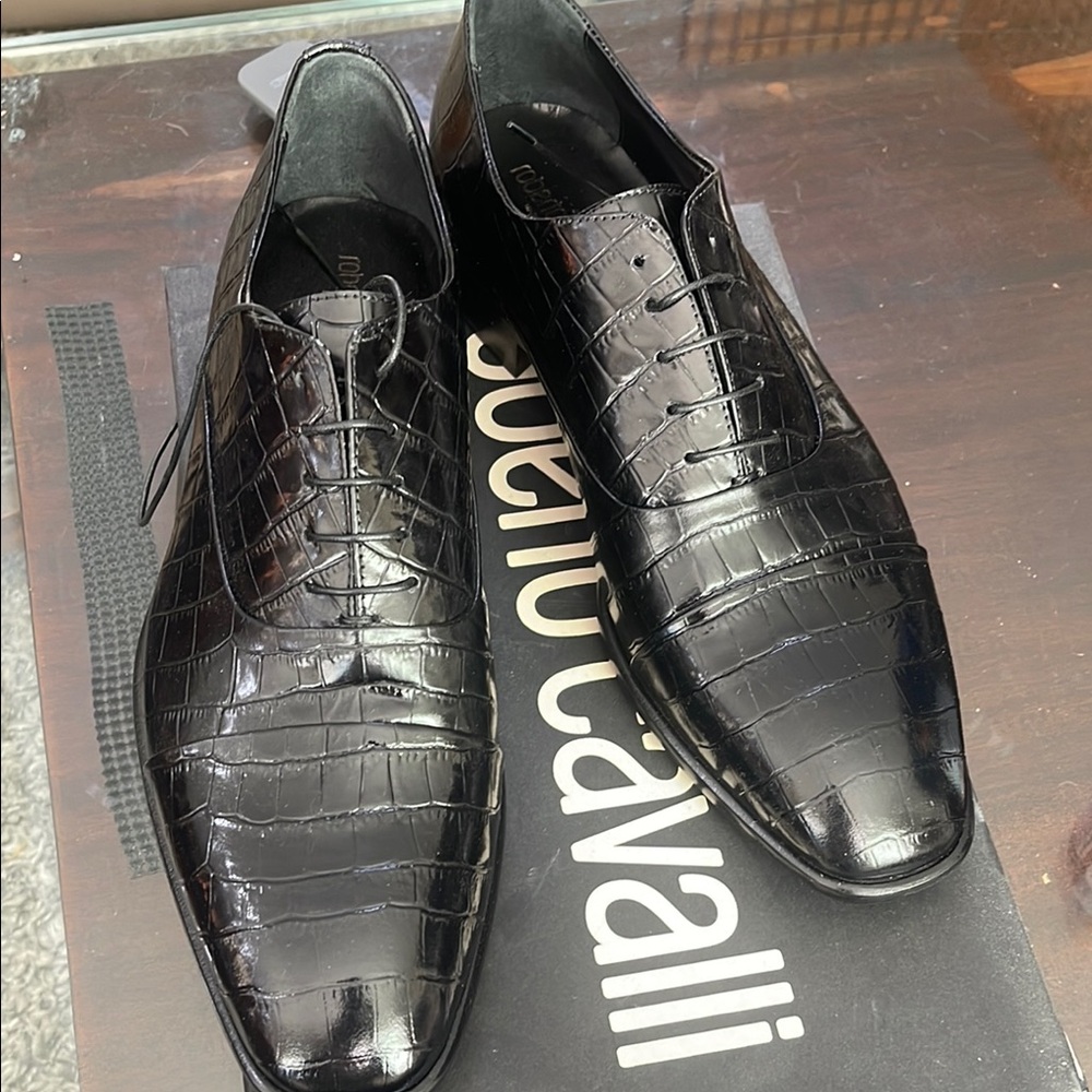 Roberto Cavalli Black Crocodile Embossed Men's Shoes